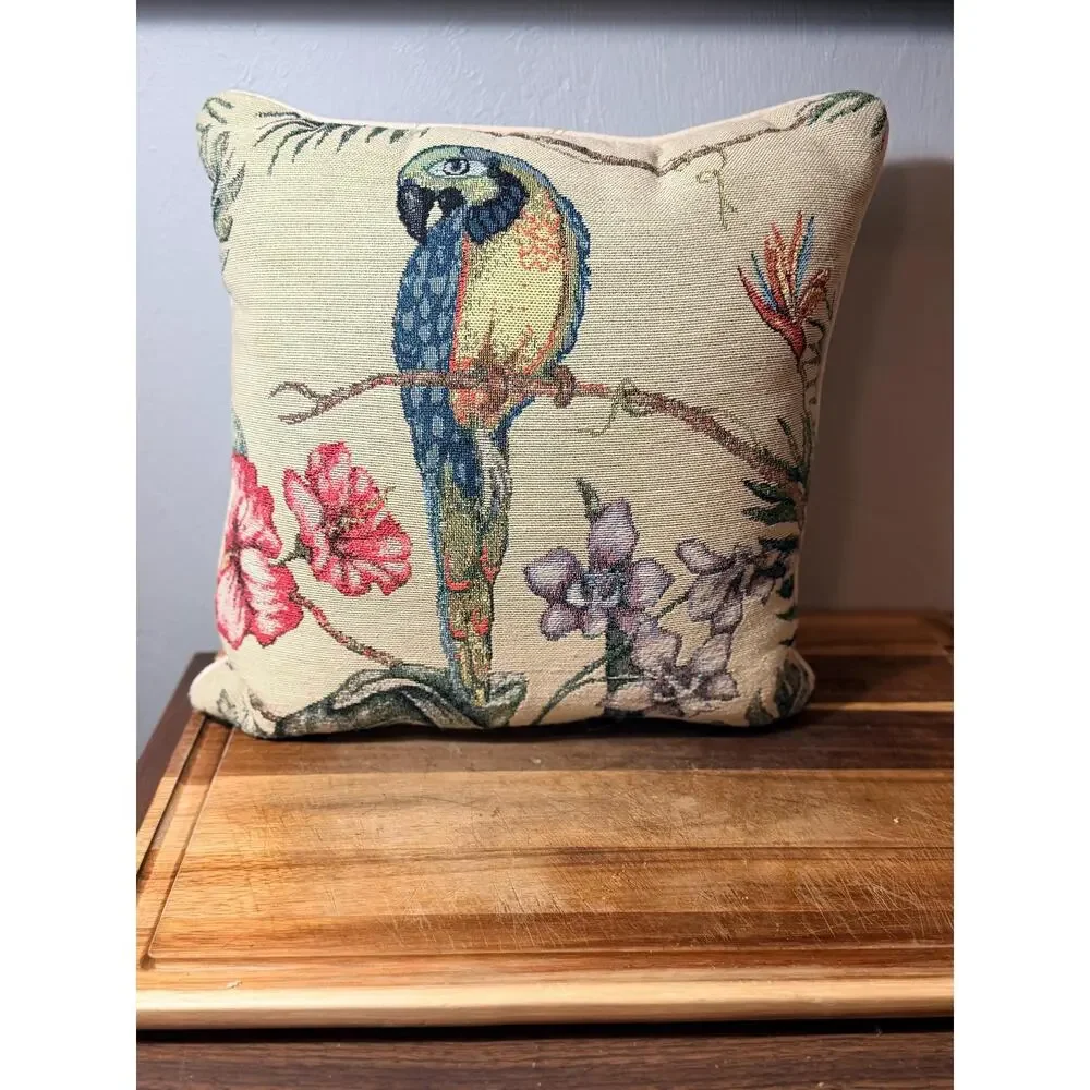 Vintage Tropical Parrot Tapestry Pillow | Blue Macaw Floral Botanical Accent